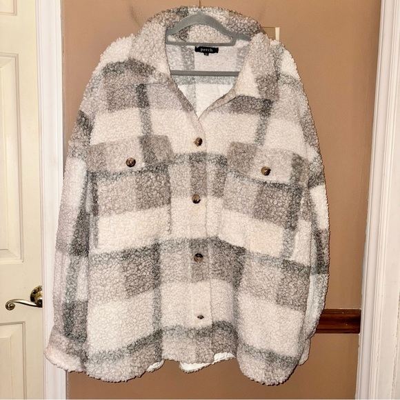 Perch Teddy Plaid Shirt Jacket Shacket Grey White Plus 1X‎ - Picture 2 of 7